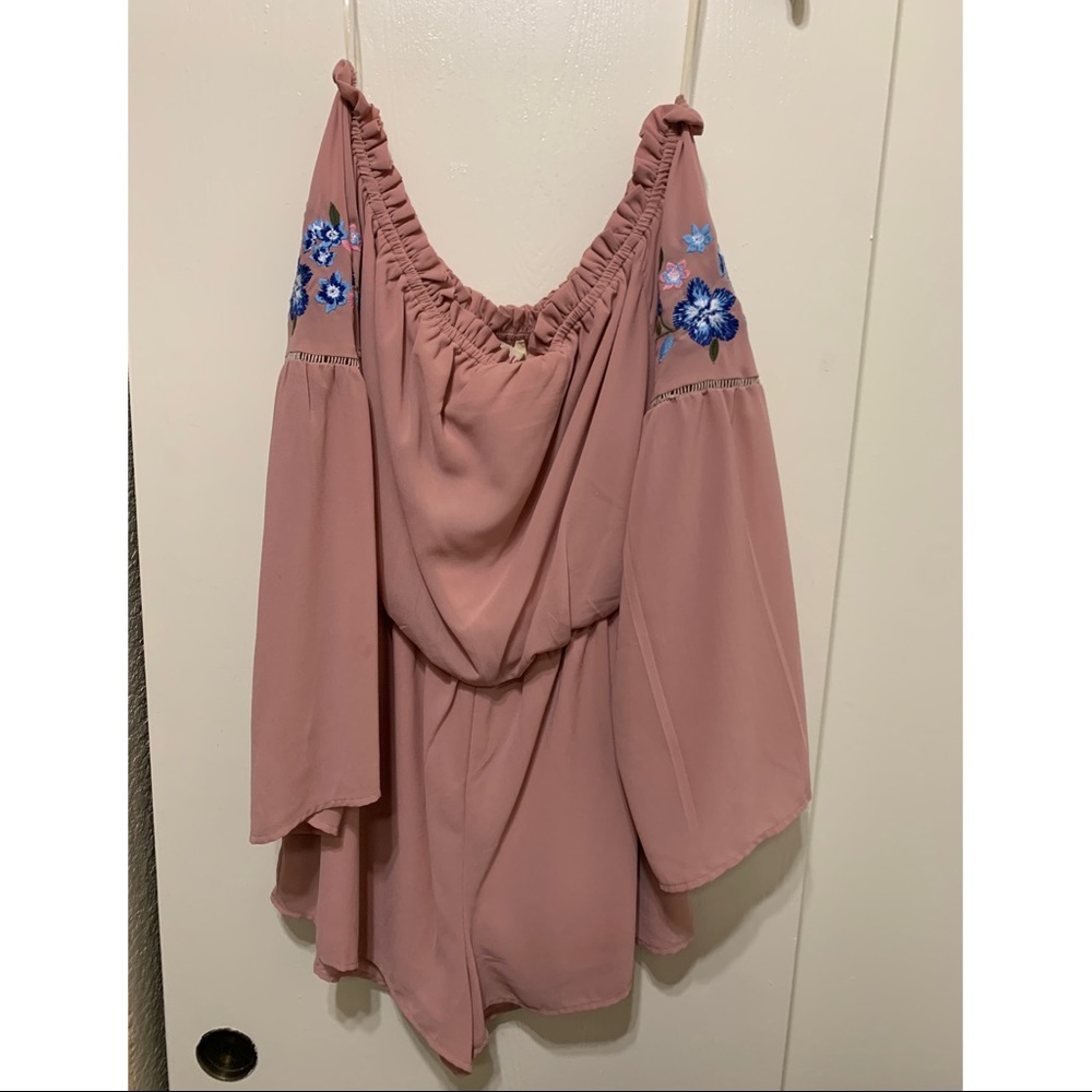 Off the Shoulder Romper with Embroidered Flowers